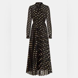Commense Long Sleeves Foil Spot Print A-Line Maxi Dress Pleated Bottom